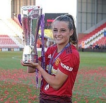 Tonne holding the Championship trophy after winning the 2018-19 season with Manchester United. Man Utd Women 5 Lewes FC Women 0 11 05 2019-732 (46935119585).jpg