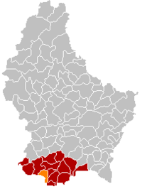Map of Luxembourg with Еш на Алзет highlighted in orange, the district in dark grey, and the canton in dark red