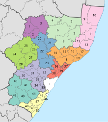 Mapo de Kvazulu-Natalo kun distriktoj ombris kaj municipojn numerita (2011).
svg