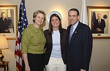 Huckabee Sanders, center, and her father Mike Huckabee with U.S. Secretary of Education Margaret Spellings in 2005 Mike Huckabee and Sarah Huckabee Sanders.jpg