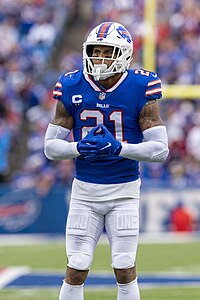 Poyer playing for the Bills in 2021. NFL2021 - Washington Football Team at. Buffalo Bills 16 (51529935556).jpg