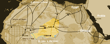 Mapa mostrando as principais rotas de caravanas trans-sahariana cerca de 1400. Também são mostradas o Império Gana (até o século XIII) e o Império Mali do século XIII - XV. Observe a rota ocidental correndo de Djenné via Timbuktu para Sijilmassa. O Níger atual em amarelo.