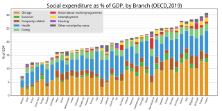 OECD各国のGDPにおける社会的支出割合（%、種類別）[247]