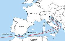 Схема маршрута, по которому бомбардировщики B-52 с ядерными бомбами пойдут в страны противника. Он следует по Средиземному морю и проходит над Италией, прежде чем повернуть на север через Адриатическое море.