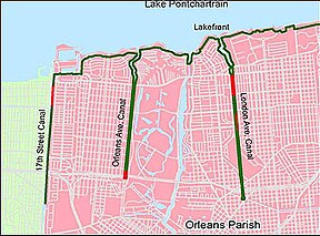 Map of the primary outfall canals in New Orleans