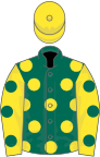 Dark green, yellow spots, yellow sleeves, dark green spots, yellow cap