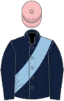 DARK BLUE, light blue sash, pink cap