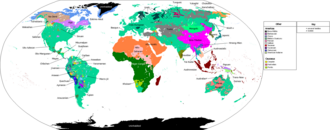 Principal language families of the world (and in some cases geographic groups of families). For greater detail, see Distribution of languages in the world. Primary Human Languages Improved Version.png