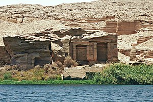 Remains of rock quarries and rock-cut temples along the west bank of the Nile