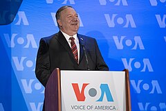 Then-Secretary of State Mike Pompeo speaks at VOA headquarters in January 2021. Secretary Pompeo Delivers Remarks at the Voice of America (50828046222).jpg