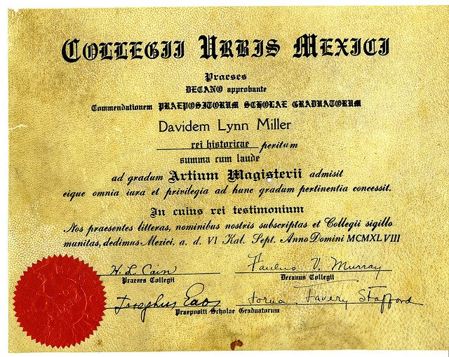 Sheepskin diploma from Mexico City College, 1948 (in Latin)