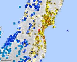 2005년 미야기현 해역 지진의 진도 분포 지도. 일본 전역에 진도가 빽뺵하게 보인다.