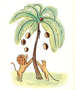 Le singe se réfugie en haut du cocotier et leur lance des noix de coco.