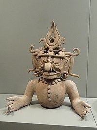 Earthenware effigy of the Sun God. Maya culture, 500-700 CE Sun God Effigy Lid, 500-700 AD, Maya culture, Mexico, Guatemala, or Belize, earthenware - Gardiner Museum, Toronto - DSC01179.JPG