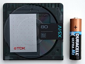 Стандартный мини-диск объёмом 80 мин фирмы TDK в сравнении с батарейкой AA