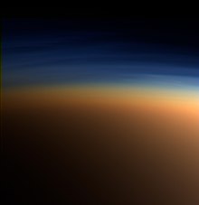 True-color image of layers of haze in Titan's atmosphere Titan-Complex 'Anti-greenhouse'.jpg