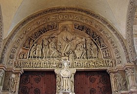 The late Romanesque tympanum of Vezelay Abbey, Burgundy, France, 1130s Vezelay Narthex Tympan central 220608 01.jpg