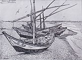 Thuyền đánh cá trên bãi biển ở Saintes-Maries, Bút sậy, 1888, Bộ sưu tập riêng (F1428)