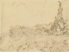 Champ de blé et Cyprès (1889), dessin à la plume de Vincent van Gogh dont le cyprès figure sur les étiquettes du domaine Hauvette.