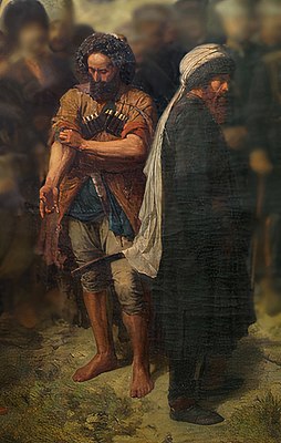 Юнус из Чиркея и имам Шамиль. Фрагмент картины Горшельта «Пленный Шамиль перед главнокомандующим князем Барятинским 25 августа 1859 года».