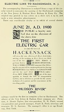 Article in The Street Railway Review of July 1900 "The First Electric Car to enter the town of Hackensack" "June 21, 1900" article in Vol. X, No. 7 (page 412) in The Street Railway Review, July 1900 (IA streetrailwayrev10amer) (page 426 crop).jpg