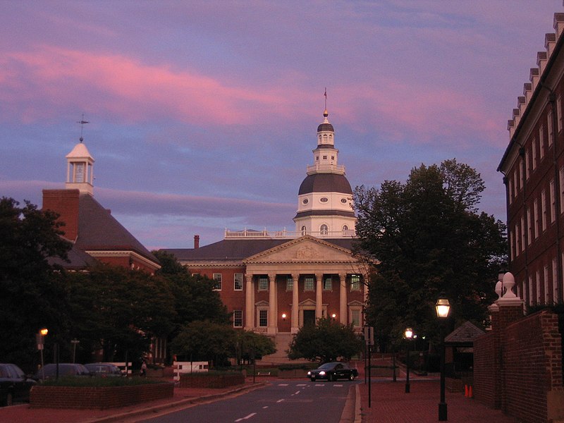 Annapolis State House at sunset.