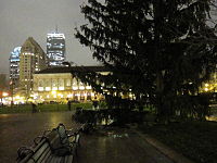 The Boston Public Library (front), 111 Huntington Avenue (back left), and the Prudential Tower (back right)