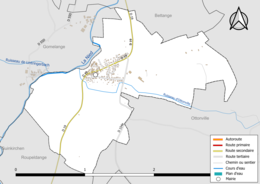 Carte en couleur présentant le réseau hydrographique de la commune