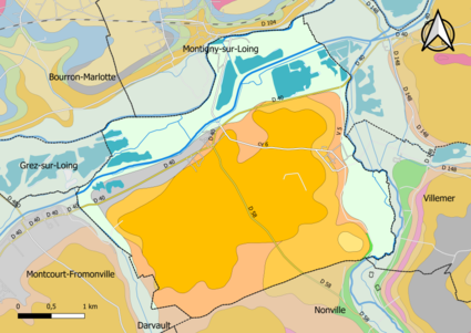 Carte montrant en couleurs le zonage géologique simplifié d'une commune