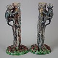 Candlesticks, 9.4 in, coloured glazes, Palissy style