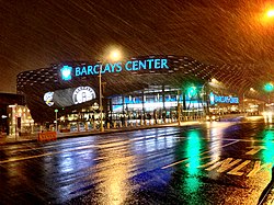 Barclays Center in Pacific Park within Prospect Heights, home of the Nets and Liberty Barclays Center Rain Night.jpg