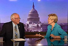 Elizabeth Warren and Bernie Sanders co-sponsored the Reward Work Act, introduced by Tammy Baldwin, for at least one third of listed company boards to be elected by employees, and more for large corporations. In 1980 the United Auto Workers collectively agreed Chrysler Corp employees would be on the board of directors, but despite experiments, today asset managers monopolize voting rights in corporations with "other people's money". Bernie Sanders and Elizabeth Warren.jpg