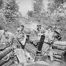 British 4.2 inch mortar of 307th Battery, 99th Light Anti-Aircraft Regiment, in action during the Battle of Monte Cassino, 12 May 1944. British 4.2 inch mortar fining Cassino 12-05-1944 IWM NA 14735.jpg