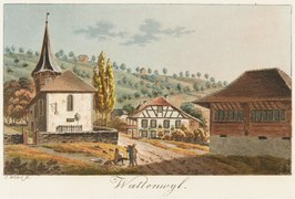 Kirche und Pfarrhaus (Aquatinta von Jakob Samuel Weibel)