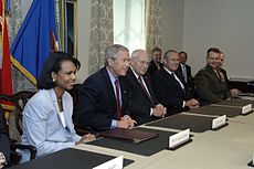 President Bush, VP Dick Cheney, and Secretary of State Condoleezza Rice meet with Secretary of Defense Donald Rumsfeld and his staff at the Pentagon, 14 August 2006 Defense.gov photo essay 060814-D-2987S-023.jpg