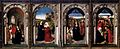 „Mergelės Marijos altorius“, iš kairės: Geroji naujiena, Susitikimas su Elžbieta, Šv. Naktis, Išminčių pagarbinimas (apie 1445-50, Prado muziejus, Madridas)