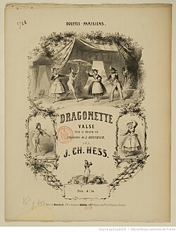 Dragonette, valčík aranžovaný Jeanem-Charlesem Hessem z melodií stejnojmenné operety, titulní strana se scénami z Dragonette (1857)