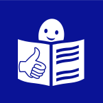 Easy to read Logo, Emoji mit lächelndem Gesicht sitzt hinter einem Buch, welches ein Daumenhoch Emoji auf der Vorderseite trägt