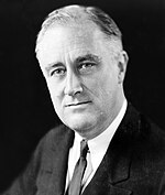 Franklin D. Roosevelt, the 32nd President of the United States, whose New Deal domestic policies defined American liberalism for the middle third of the 20th century FDR in 1933.jpg