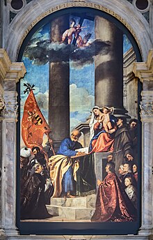 Titian's Pesaro Madonna, 1519-1526 Frari (Venice) nave left - Altar of Madona di Ca'Pesaro.jpg