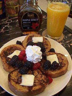 French toast, maple syrup, and orange jucie
