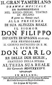 Giovanni Battista Lampugnani – Il gran Tamerlano – Titelseite des Librettos – Mailand 1746