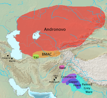 Archaeological cultures associated with Indo-Iranian migrations and Indo-Aryan migrations (after EIEC). The Andronovo, BMAC and Yaz cultures have often been associated with Indo-Iranian migrations. The GGC, Cemetery H, Copper Hoard and PGW cultures are candidates for cultures associated with Indo-Aryan migrations. Indo-Iranian origins.png