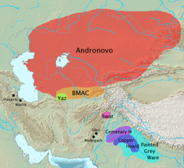 Archaeological cultures associated with Indo-Iranian migrations (after EIEC). The Andronovo, BMAC and Yaz cultures have often been associated with it. The GGC (Swat), Cemetery H, Copper Hoard and PGW cultures are candidates for the same associations. Indo-Iranian origins.png