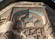 Combination of brickwork and tile decoration on the Gonbad-e Kabud Tomb in Maragha (1196-1197) Kaboud Dome Maragheh 03.JPG