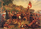 The Founding of Maryland (1634) depicts Father Andrew White, a Jesuit missionary in the left and colonists meeting the people of the Yaocomico branch of the Piscatawy Indian Nation in St. Mary's City, Maryland, the site of Maryland's first colonial settlement. L4.jpg