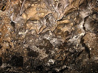 Stalactites de basalte au plafond d'un tunnel de lave (Lava Beds National Monument (les Lits de lave), Californie).