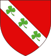 Arms of Hervey: Gules, on a bend argent three trefoils slipped vert