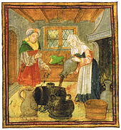 A matron demonstrates how to properly treat and conserve wine. Medieval wine conservation.jpg