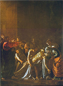 Tableau représentant une foule de gens qui se presse autour d'un homme cadavérique qu'un autre homme pointe du doigt.